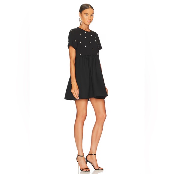 $298 LIKELY Marcia Dress Black Satin Embellished Short Sleeve Sz 2 - Picture 2 of 9